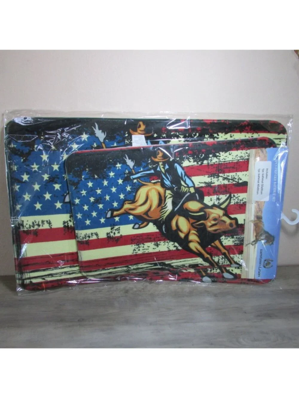 2 Pc Patriotic Bull Riding American Flag Western Print Bath Rug Set